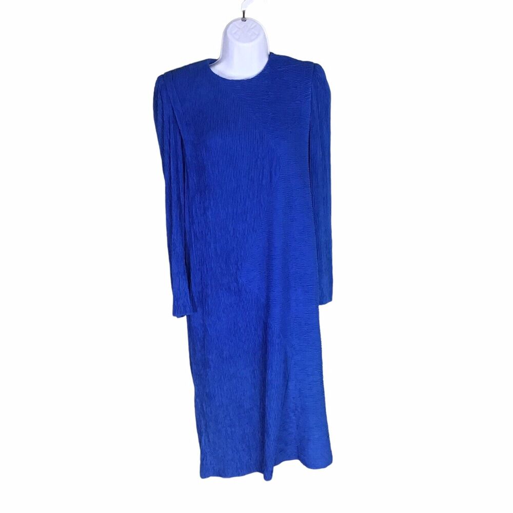 Leslie Fay Vtg royal blue dress with shoulder pads & textured, ruched fabric 8P